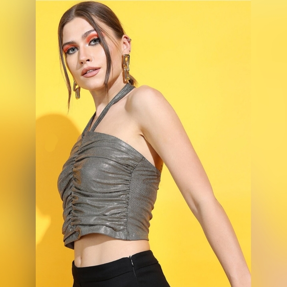 Gold Tone Halter Neck Tube Crop Top - Picture 3 of 5